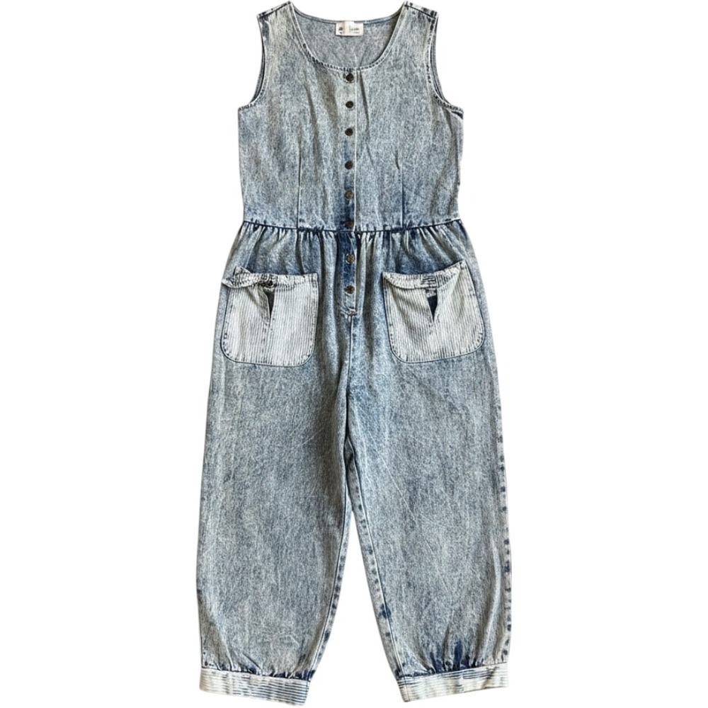 Vintage Disorderly Conduct Acid Wash Denim Jumpsuit 80s Striped Bow Pockets M